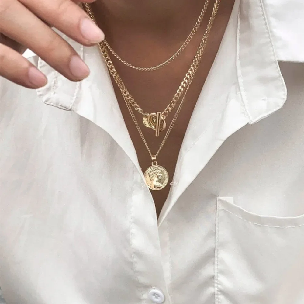 7/$35 Gold Color Three Layer Toggle Medallion Necklace - Picture 6 of 7